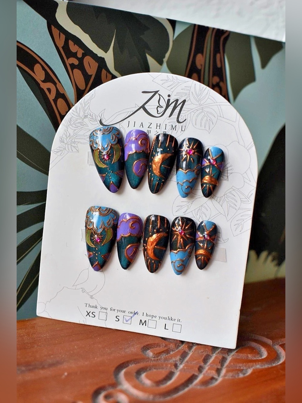 🌙⭐️JIAZHIMU Celestial Moon & Stars Press-On Nails – Size Small – 2.5 Length⭐️🌙